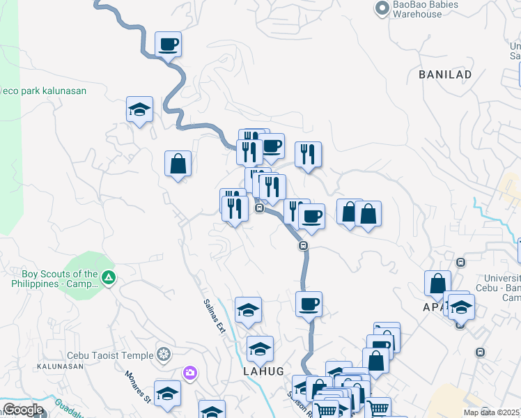 map of restaurants, bars, coffee shops, grocery stores, and more near Cebu Veterans Drive in Cebu City