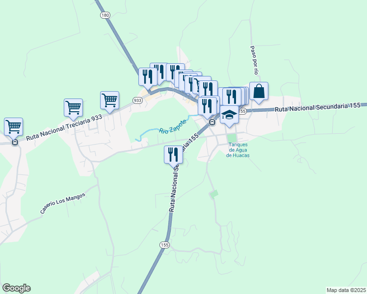 map of restaurants, bars, coffee shops, grocery stores, and more near 155 in Huacas