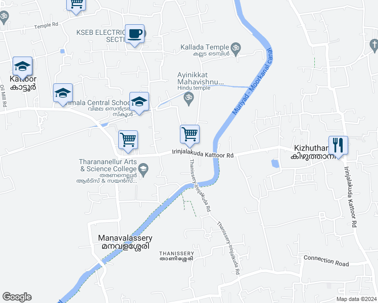 map of restaurants, bars, coffee shops, grocery stores, and more near Irinjalakuda Kattoor Rd in Kattoor
