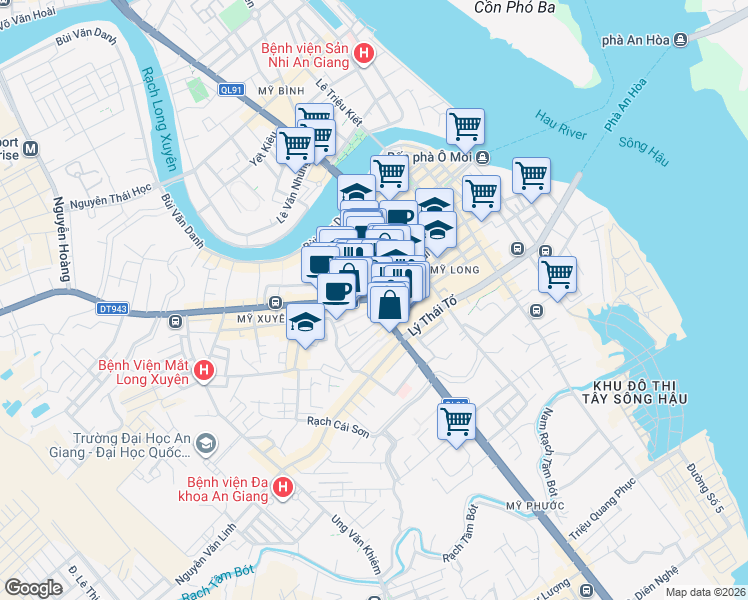 map of restaurants, bars, coffee shops, grocery stores, and more near Ngã tư Đèn Bốn Ngọn in Long Xuyen