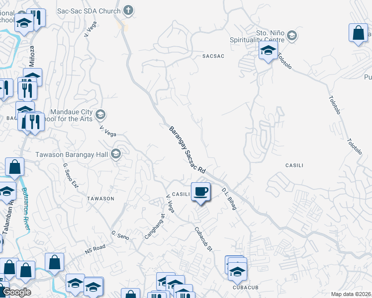 map of restaurants, bars, coffee shops, grocery stores, and more near Barangay Sacsac Road in Consolacion