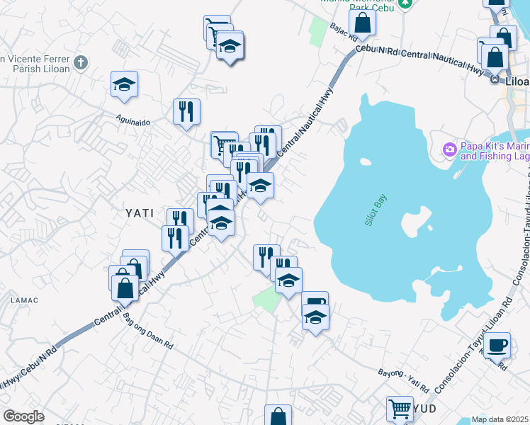 map of restaurants, bars, coffee shops, grocery stores, and more near Silot Drive Yati in Liloan