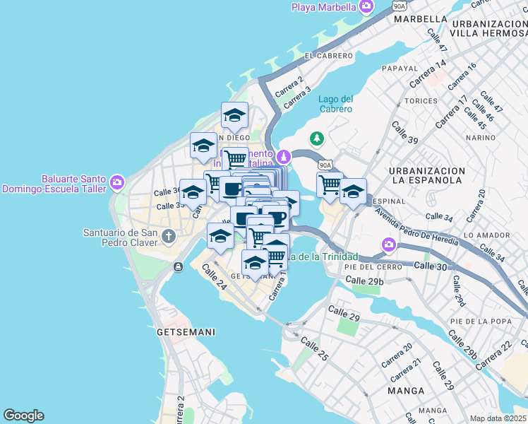 map of restaurants, bars, coffee shops, grocery stores, and more near 10-38 Calle 32 in Cartagena de Indias