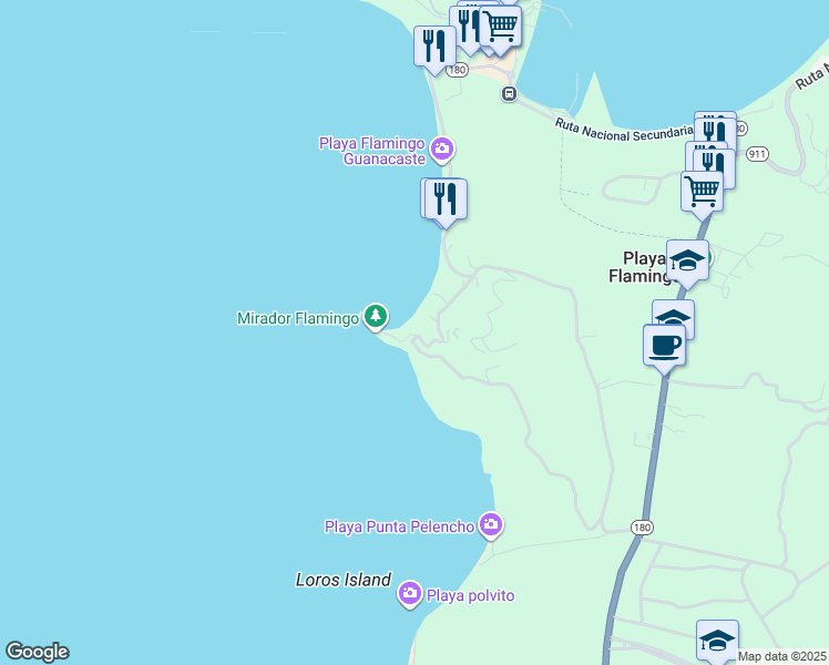 map of restaurants, bars, coffee shops, grocery stores, and more near 500 Flamingo Beach Road in Playa Flamingo