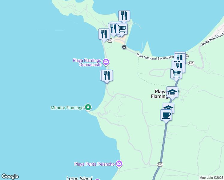 map of restaurants, bars, coffee shops, grocery stores, and more near Flamingo Beach Rd in Playa Flamingo