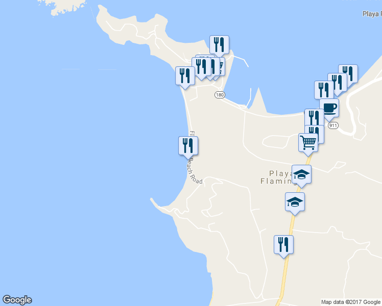 map of restaurants, bars, coffee shops, grocery stores, and more near Flamingo Beach Road in Playa Flamingo