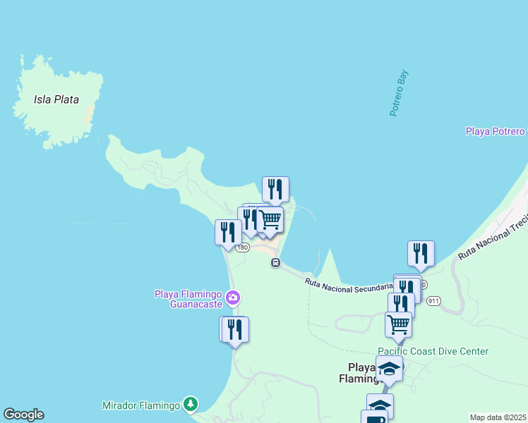 map of restaurants, bars, coffee shops, grocery stores, and more near Hotel Flamigo Marina in Playa Flamingo