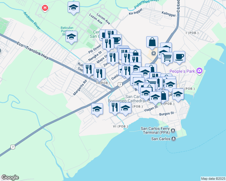 map of restaurants, bars, coffee shops, grocery stores, and more near in San Carlos City