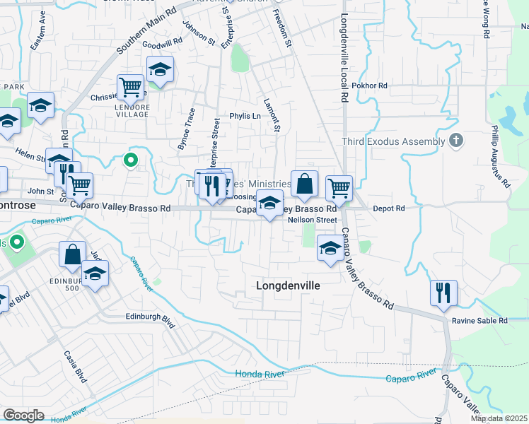 map of restaurants, bars, coffee shops, grocery stores, and more near Caparo Valley Brasso Road in Chaguanas