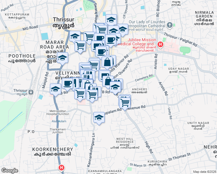 map of restaurants, bars, coffee shops, grocery stores, and more near Mission Quarters Road in Thrissur