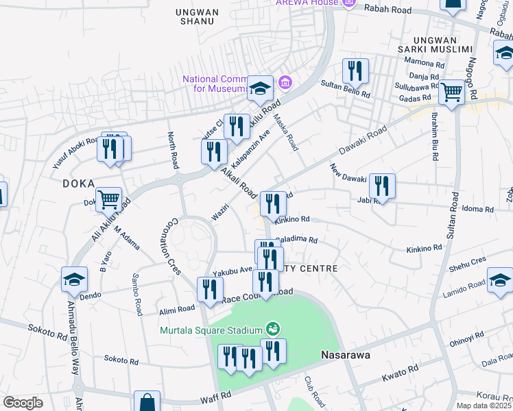 map of restaurants, bars, coffee shops, grocery stores, and more near Alkali Road in Kaduna