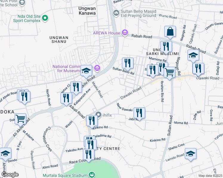 map of restaurants, bars, coffee shops, grocery stores, and more near Isa Kaita Road in Kaduna