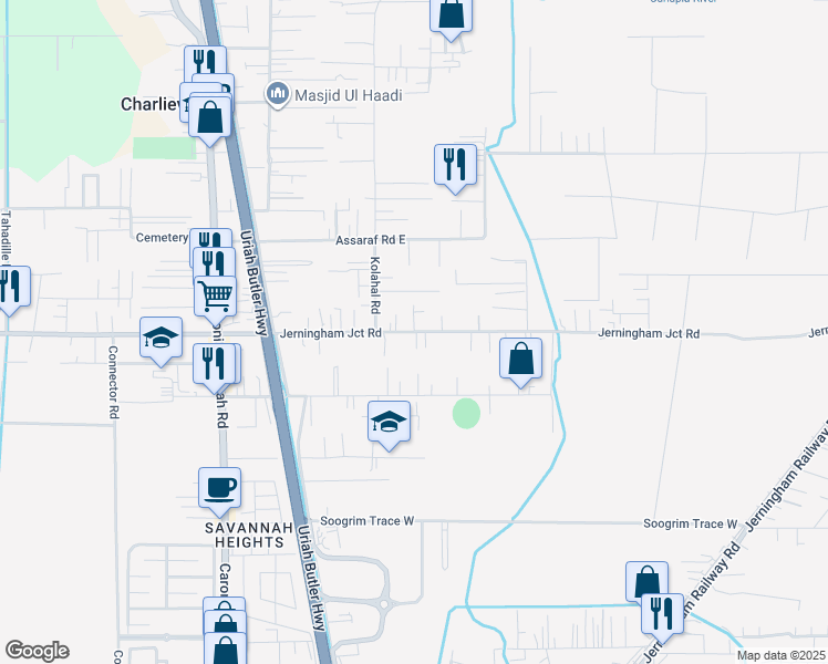 map of restaurants, bars, coffee shops, grocery stores, and more near Jerningham Junction Road in Charlieville