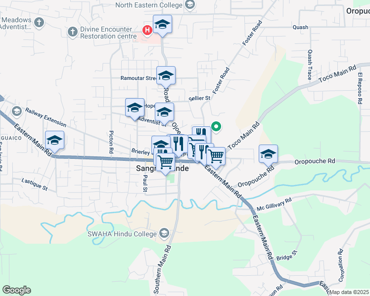 map of restaurants, bars, coffee shops, grocery stores, and more near River Street in Sangre Grande