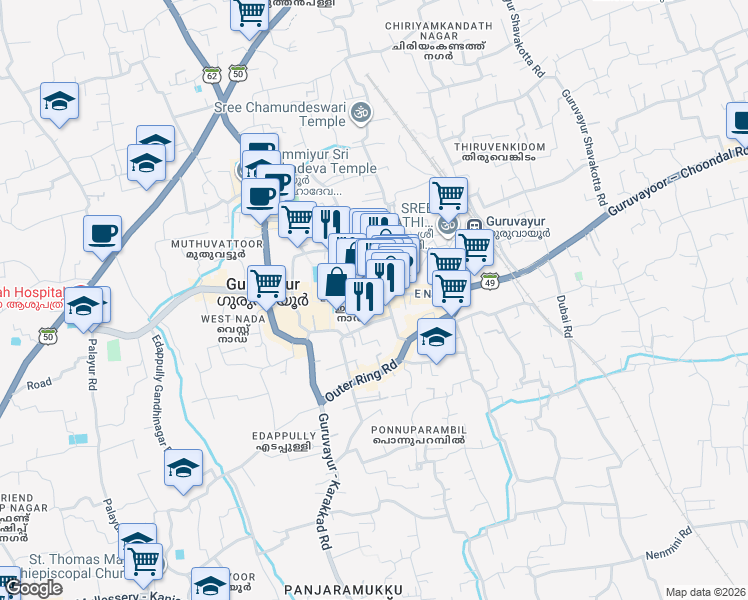 map of restaurants, bars, coffee shops, grocery stores, and more near Poonthanam auditorium entrance Road in Guruvayoor