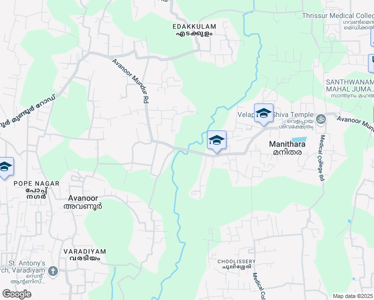 map of restaurants, bars, coffee shops, grocery stores, and more near Avanoor Mundur Road in Thrissur