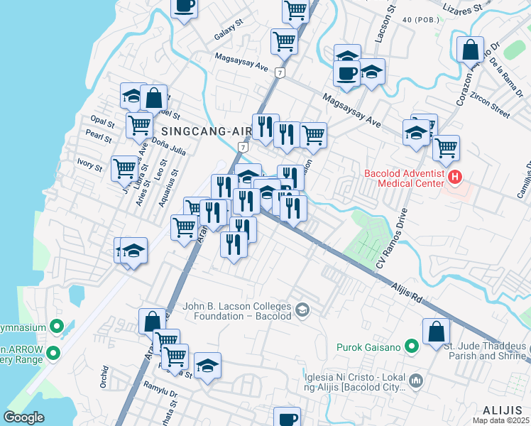 map of restaurants, bars, coffee shops, grocery stores, and more near Alijis Road in Bacolod City