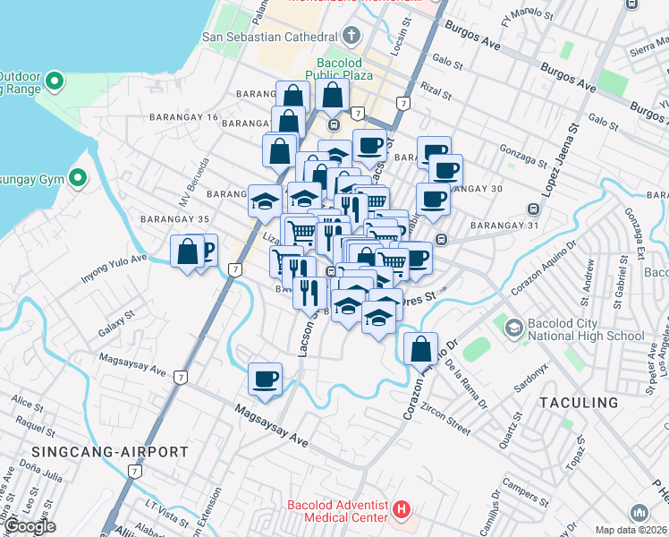 map of restaurants, bars, coffee shops, grocery stores, and more near Lizares Street in Bacolod City