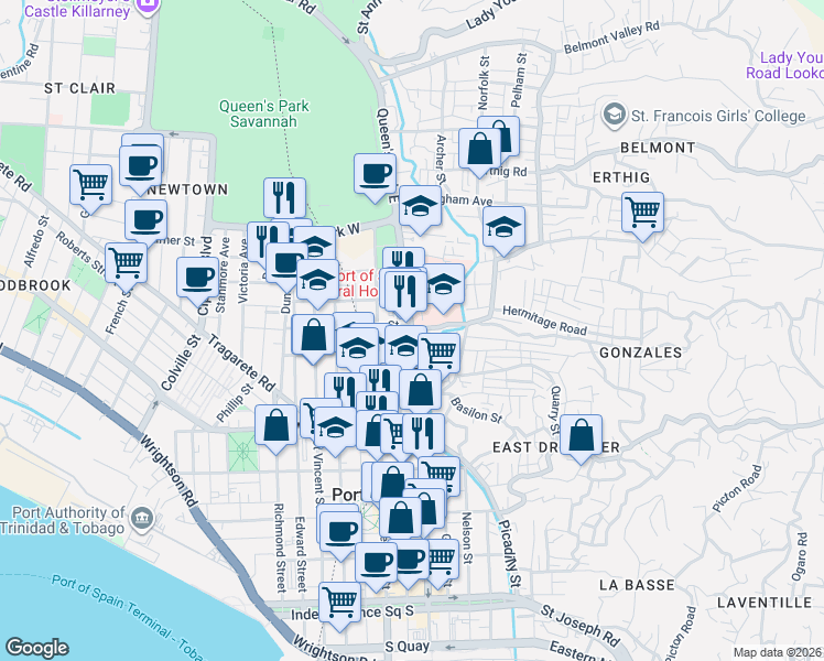 map of restaurants, bars, coffee shops, grocery stores, and more near in Port of Spain