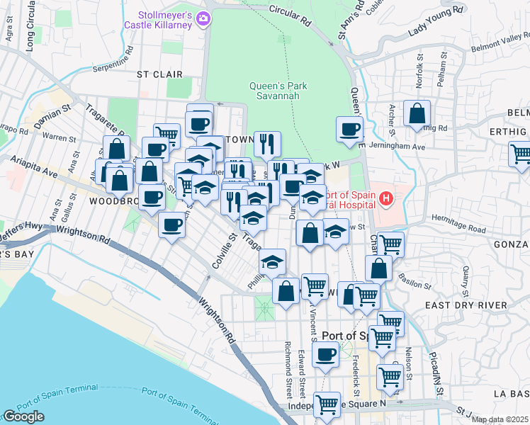 map of restaurants, bars, coffee shops, grocery stores, and more near Victoria Avenue in Port of Spain