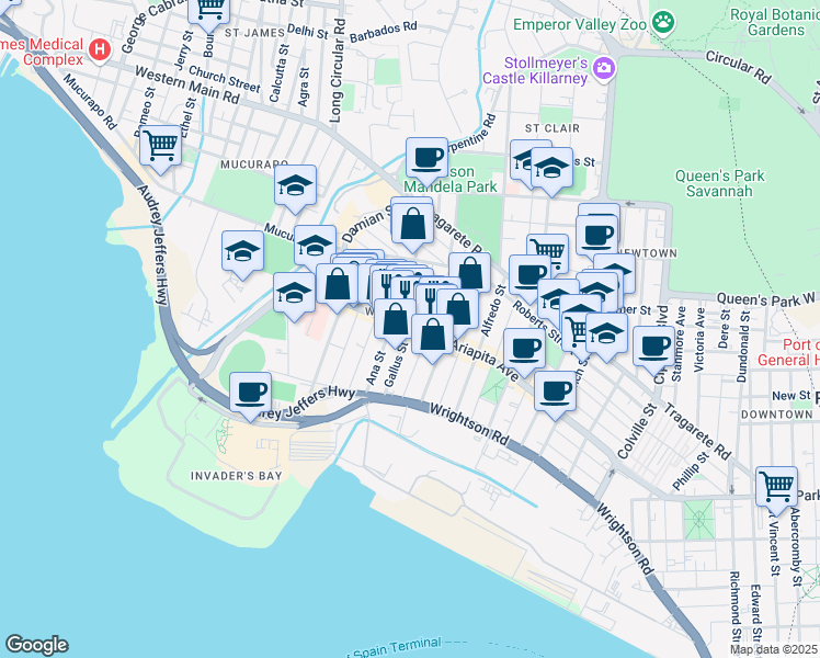 map of restaurants, bars, coffee shops, grocery stores, and more near Gallus Street in Port of Spain