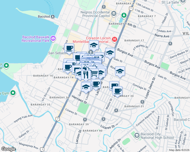 map of restaurants, bars, coffee shops, grocery stores, and more near Locsin St in Bacolod City