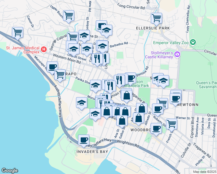 map of restaurants, bars, coffee shops, grocery stores, and more near One Woodbrook Place in Port of Spain