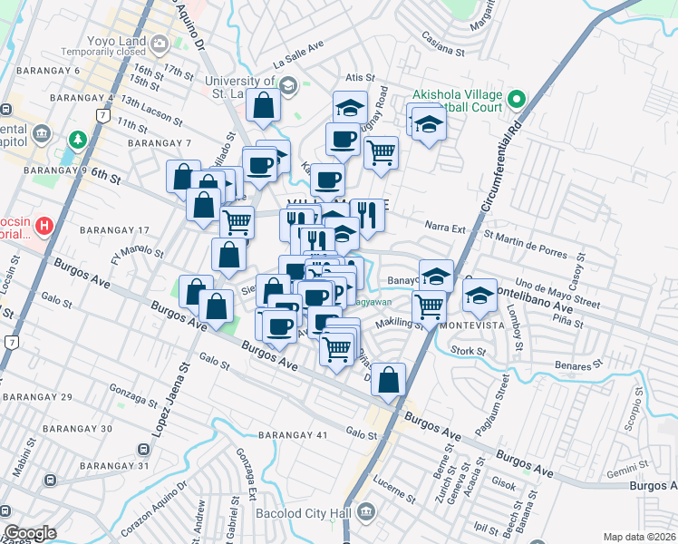 map of restaurants, bars, coffee shops, grocery stores, and more near Fr. Gratian Murray AFSC Street in Bacolod City