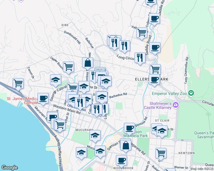 map of restaurants, bars, coffee shops, grocery stores, and more near in Port of Spain