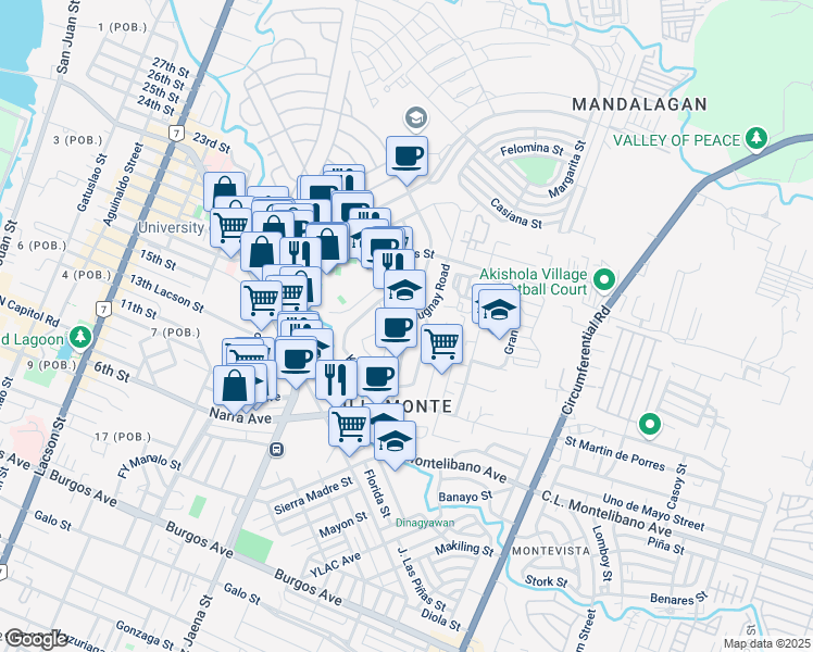 map of restaurants, bars, coffee shops, grocery stores, and more near C.L. Montelibano Avenue in Bacolod City