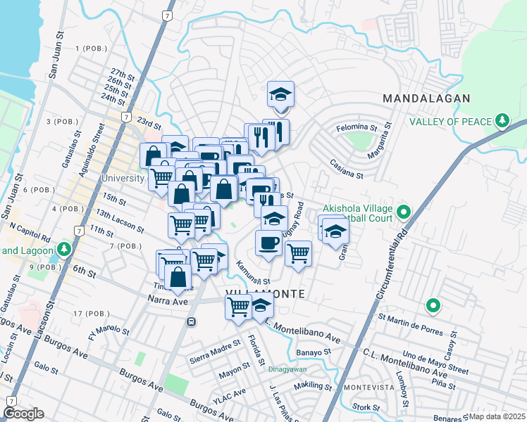 map of restaurants, bars, coffee shops, grocery stores, and more near C.L. Montelibano St in Bacolod City