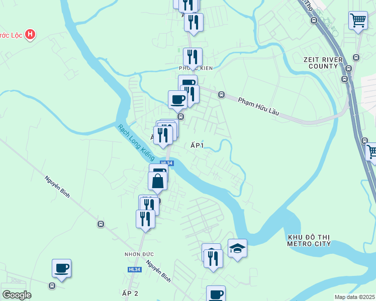 map of restaurants, bars, coffee shops, grocery stores, and more near Lê Văn Lương in Nhà Bè
