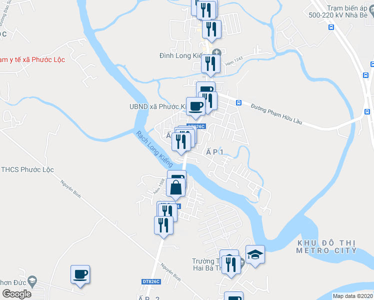 map of restaurants, bars, coffee shops, grocery stores, and more near Lê Văn Lương in Nhà Bè