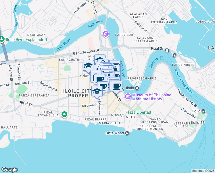 map of restaurants, bars, coffee shops, grocery stores, and more near Iznart Street in Iloilo City