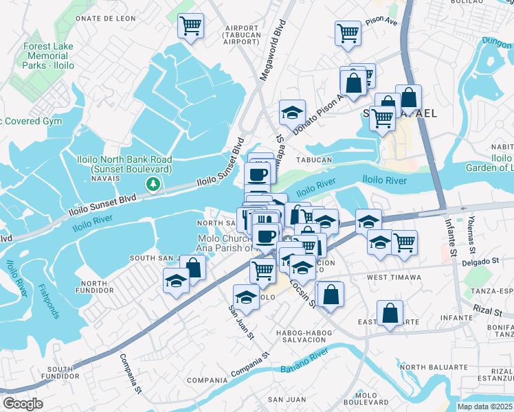 map of restaurants, bars, coffee shops, grocery stores, and more near New Carpenter's Bridge in Iloilo City