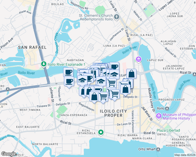 map of restaurants, bars, coffee shops, grocery stores, and more near General Luna Street in Iloilo City