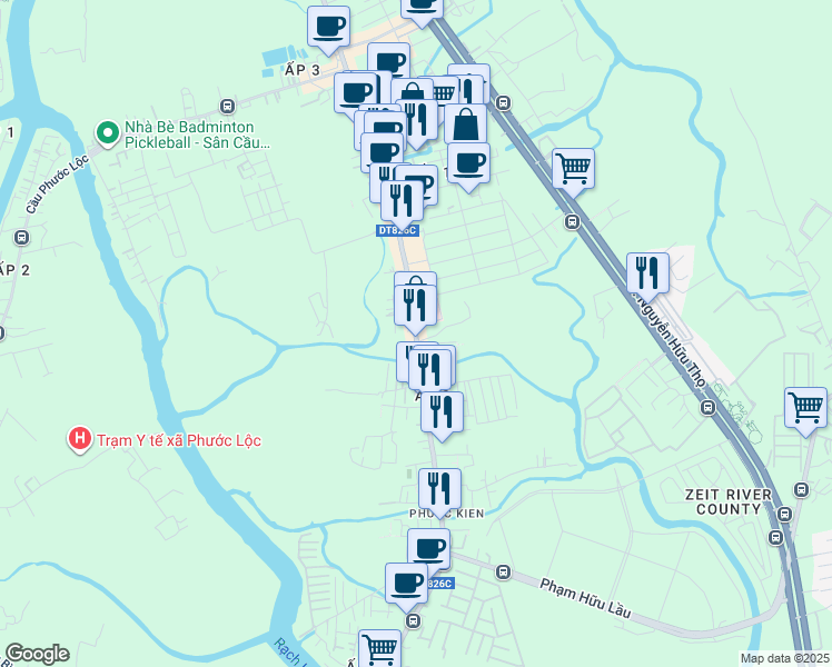 map of restaurants, bars, coffee shops, grocery stores, and more near Lê Văn Lương in Nhà Bè