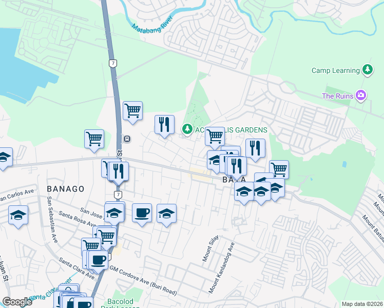 map of restaurants, bars, coffee shops, grocery stores, and more near Rose Lawn Street in Bacolod City