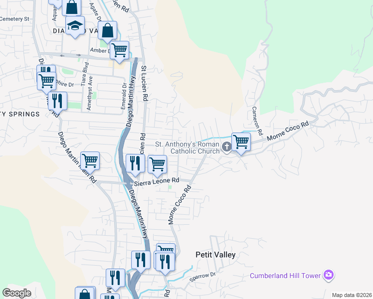 map of restaurants, bars, coffee shops, grocery stores, and more near Majuba Cross Road in Petit Valley