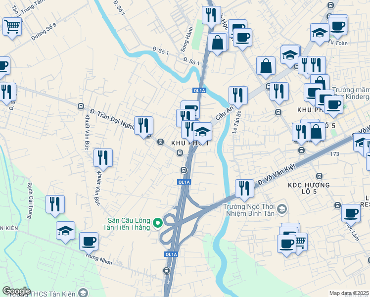 map of restaurants, bars, coffee shops, grocery stores, and more near 1166/64 Đường Quốc lộ 1A in Bình Tân