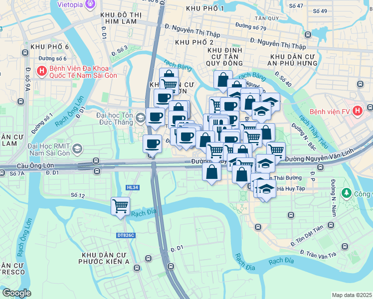 map of restaurants, bars, coffee shops, grocery stores, and more near 1058 Đường Nguyễn Văn Linh in Quận 7