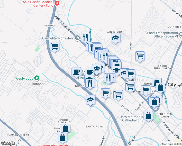 map of restaurants, bars, coffee shops, grocery stores, and more near Miramar Subdivision in Iloilo City