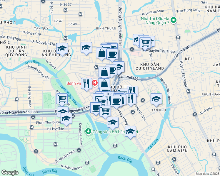 map of restaurants, bars, coffee shops, grocery stores, and more near Nguyễn Văn Linh in Quận 7