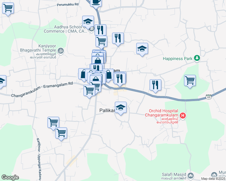 map of restaurants, bars, coffee shops, grocery stores, and more near Changaramkulam - Eramangalam Road in Changaramkulam