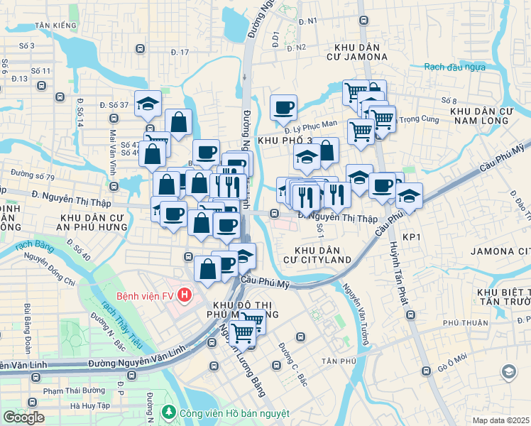 map of restaurants, bars, coffee shops, grocery stores, and more near Nguyễn Thị Thập in Quận 7