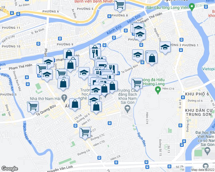 map of restaurants, bars, coffee shops, grocery stores, and more near Đường Cao Lỗ in Quận 8