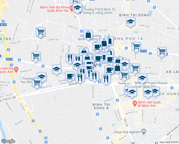 map of restaurants, bars, coffee shops, grocery stores, and more near Đường số 34A in Ho Chi Minh City
