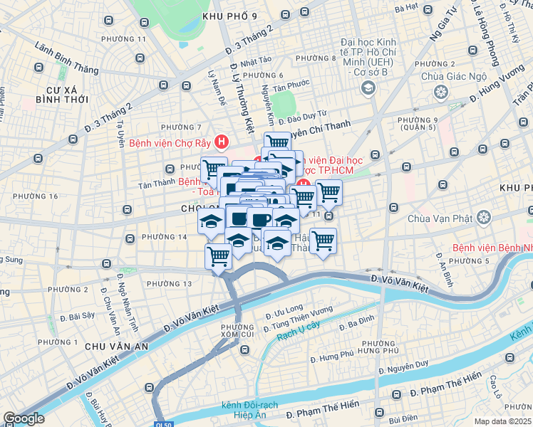 map of restaurants, bars, coffee shops, grocery stores, and more near Ký Hoà in Quận 5