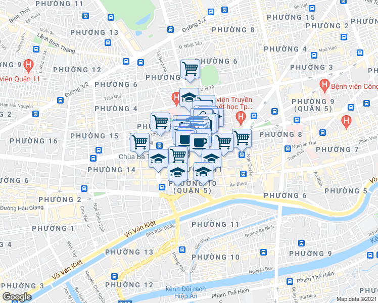 map of restaurants, bars, coffee shops, grocery stores, and more near Ký Hoà in Quận 5