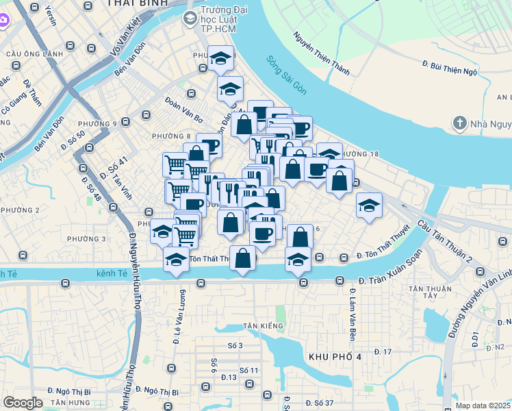 map of restaurants, bars, coffee shops, grocery stores, and more near Xóm Chiếu in Quận 4